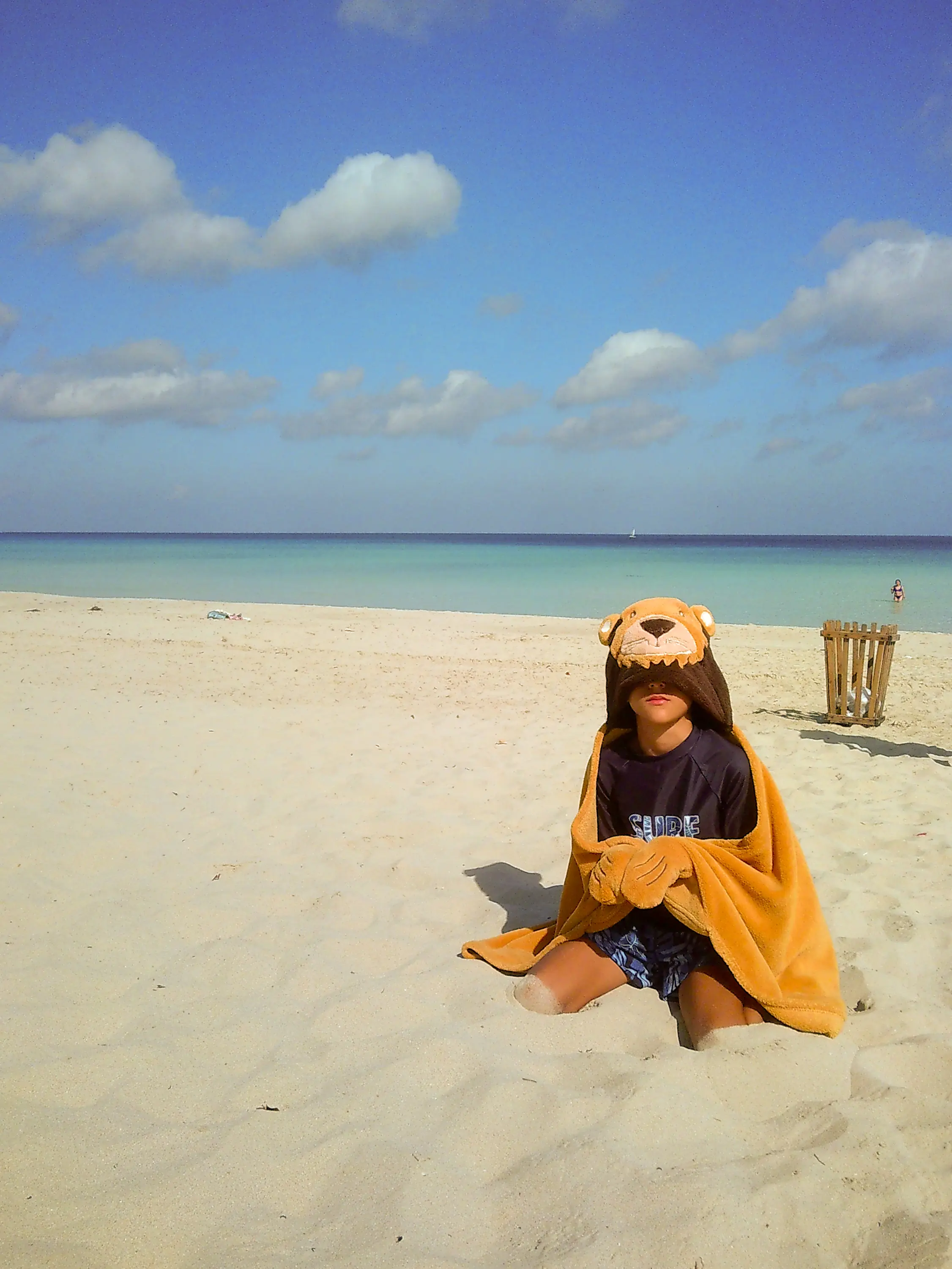 kid with lion bathrobe on the beach